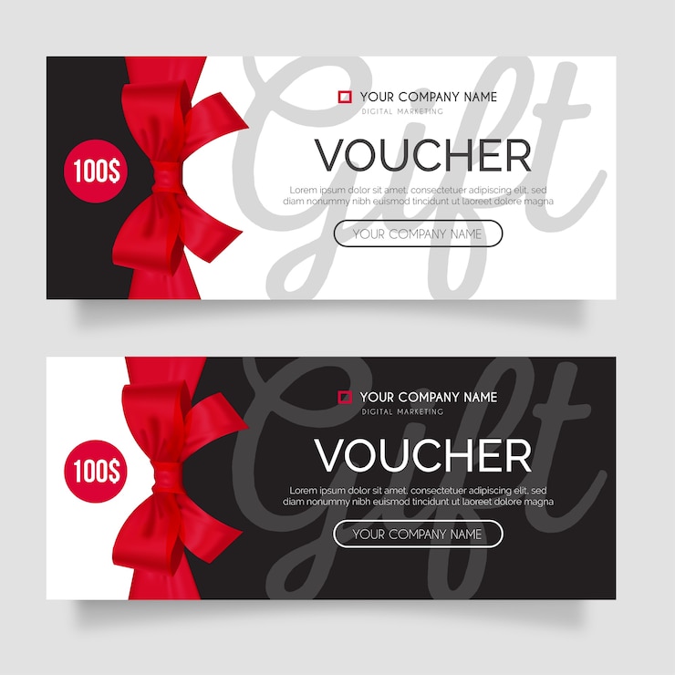 Gratis Vector moderne cadeaubon set met realistisch rood lint