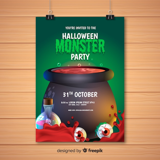 Gratis vector moderne halloween-partijaffiche met realistisch ontwerp