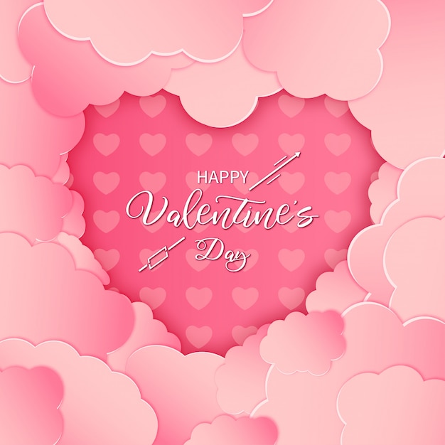 Moderne happy valentine's day card met roze papier gesneden wolken