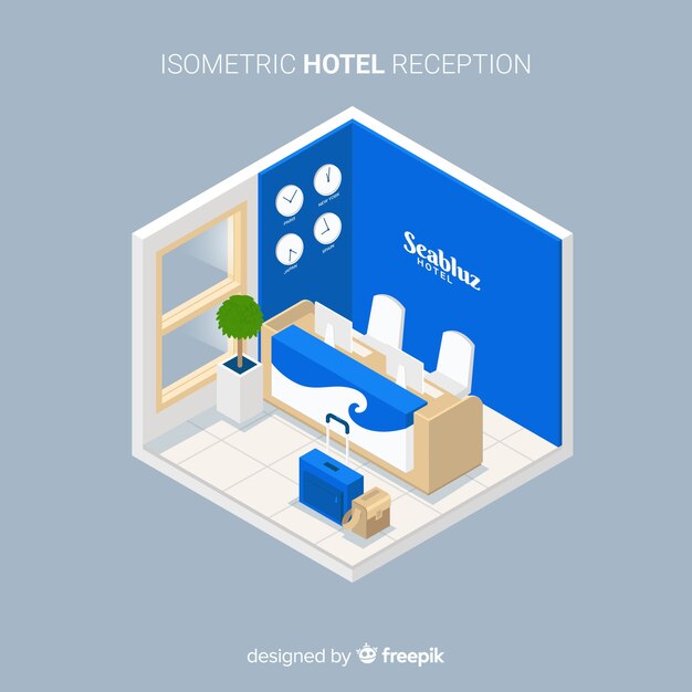 Moderne hotelreceptie met isometrisch aanzicht