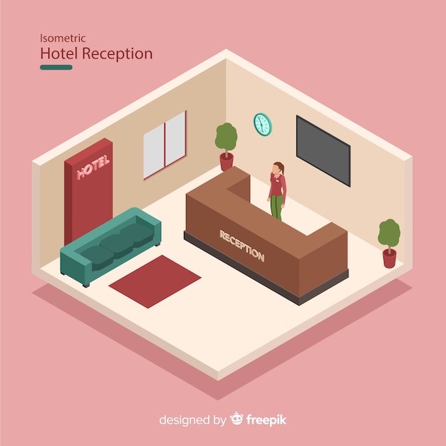 Gratis vector moderne hotelreceptie met platte vormgeving