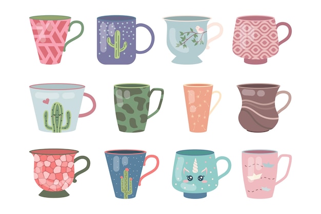 Moderne keramische of porseleinen kopjes cartoon afbeelding set. Leuke kleurrijke mokken met bloemen en doodle patroon voor koffie, thee, matcha of verschillende dranken. Servies voor thuis of café, keukenconcept