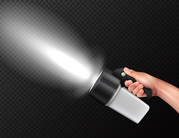 Gratis vector moderne krachtige hoge lumen handlamp zaklamp in de hand realistische compositie tegen donker transparant