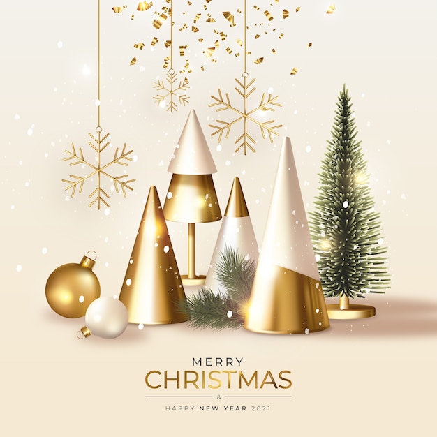 Moderne Merry Christmas-wenskaart met realistische 3D-gouden kerst