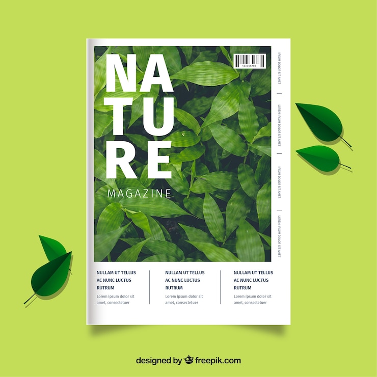 Gratis Vector moderne natuur dekking van de tijdschriftsjabloon met foto