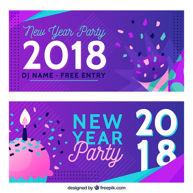 Gratis vector moderne nieuwe jaar 2018 feestbanners in paars