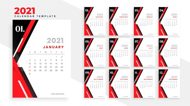 Moderne rode en zwarte nieuwe jaar 2021 kalender ontwerpsjabloon