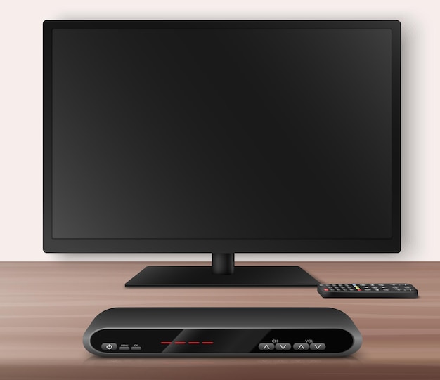 Gratis vector moderne smart tv-ontvanger met setup box lcd-scherm en afstandsbediening realistische vectorillustratie