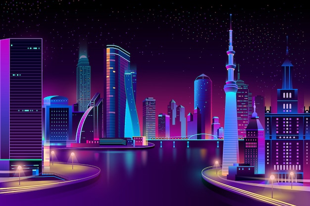 Gratis vector moderne stad aan de rivier in de nacht.