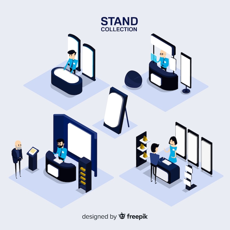 Gratis Vector moderne standcollectie met isometrisch aanzicht