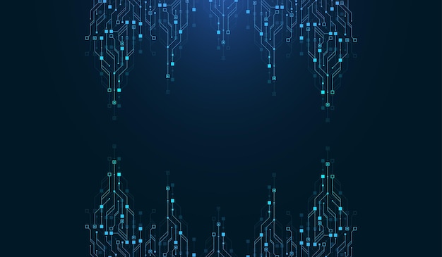 Moderne technologie printplaat textuur achtergrondontwerp. quantum computertechnologieën concepten, grote gegevensverwerking. futuristische blauwe printplaat achtergrond. minimaal vector moederbord.