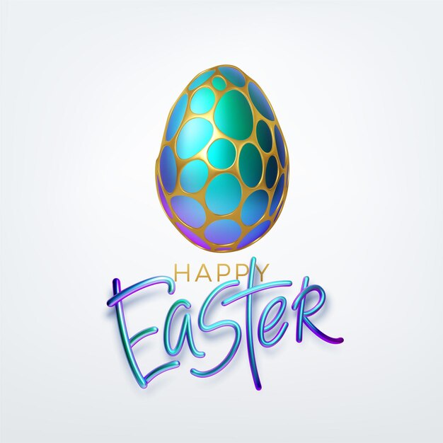 Moderne trendy gouden metallic glanzende typografie Happy Easter op een achtergrond van paaseieren