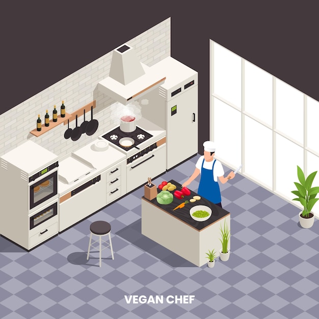 Gratis vector moderne voedingsindustrie beroep isometrische samenstelling met chef-kok koken veganistisch gerecht in restaurant keuken 3d vectorillustratie