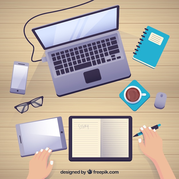 Gratis vector moderne werkruimte met laptop