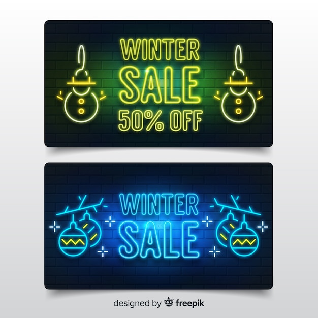 Moderne winter verkoop banners met neonlichten stijl