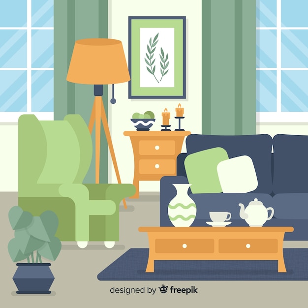 Gratis vector moderne woonkamer met een plat ontwerp