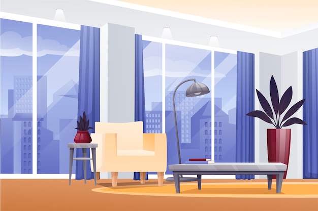 Gratis vector moderne woonkamer of hotelkamer interieur design achtergrond met stoel vloerlamp tafel en panoramische ramen lege gezellige ruimte voor rust en recreatie