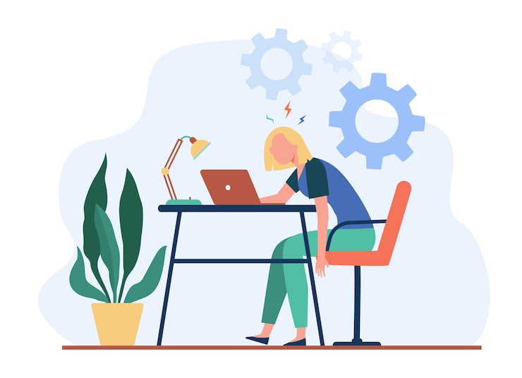 Gratis Vector moe uitgeput vrouw die op laptop werkt en burn-out voelt. vector illustratie voor overbelasting, overwerk, vermoeidheid concept.