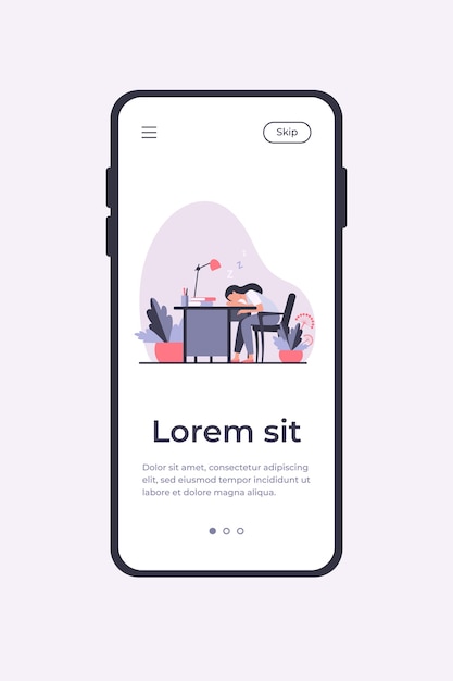 Moe vrouw slapen tijdens het werk aan tafel. Bureau, uitputting, werknemer platte vectorillustratie. Werkplek en beroep concept mobiele app-sjabloon