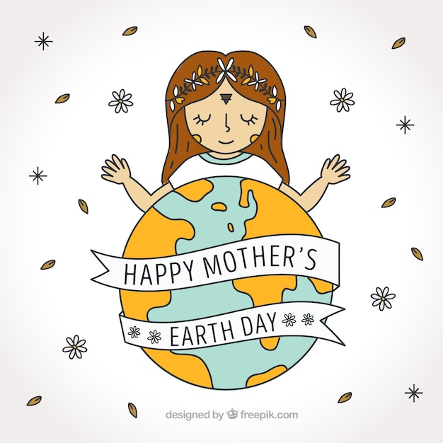 Moeder aarde dag achtergrond met de hand getekende meisje en decoratieve bloemen