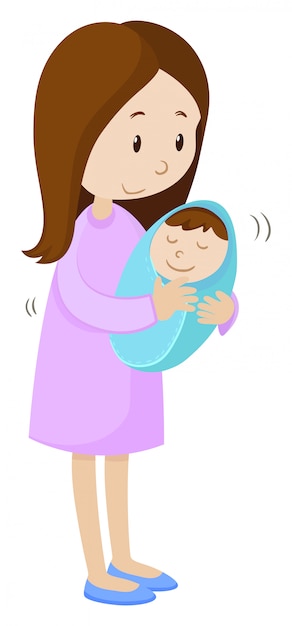 Gratis vector moeder die pasgeboren baby houdt die in blauw wordt verpakt