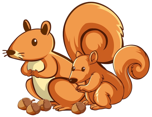 Moeder en baby eekhoorn cartoon op witte achtergrond