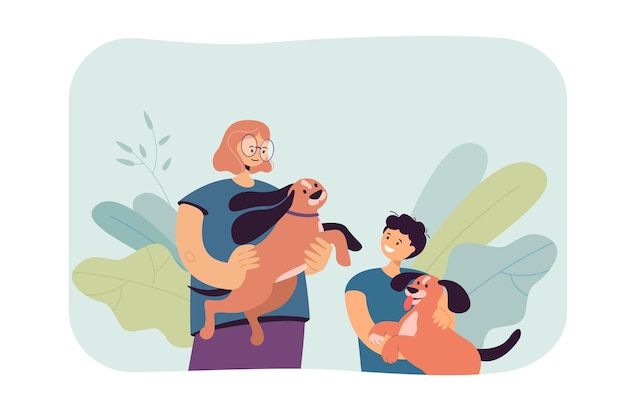 Gratis vector moeder en zoon houden schattige honden vast. ouder en kind brengen tijd door met huisdieren, aaien ze en spelen platte vectorillustratie. dierenverzorging, familieconcept voor banner, websiteontwerp of landingswebpagina