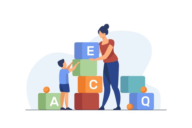 Moeder en zoontje brieven bestuderen. Vrouw en kind spelen speelgoed blokken platte vectorillustratie. Voorschoolse educatie, leerconcept