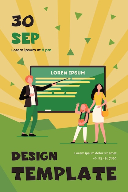 Gratis vector moeder leidt kind naar schoolklas. dochter, meisje, leraar wijzend op schoolbord platte flyer-sjabloon