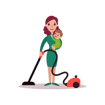 Moeder met baby in haar armen die de vloer schoonmaakt met stofzuiger, super moeder concept vector illustratie geïsoleerd op een witte achtergrond