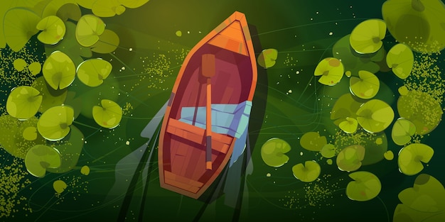 Moeras met boot en waterleliebladeren