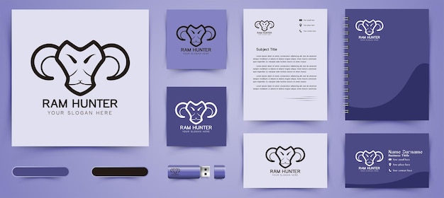 Mono lijn schapen, geiten hoofd logo en business branding sjabloon ontwerpen inspiratie geïsoleerd op witte achtergrond Gratis Vector