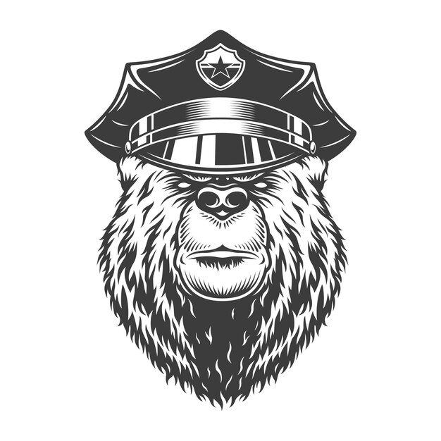 Monochrome ernstige beer in politiepet