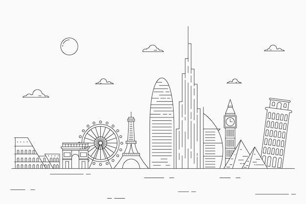 Gratis vector monochrome oriëntatiepunten skyline design