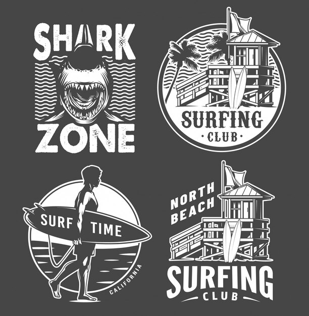 Monochrome vintage surfen badges set