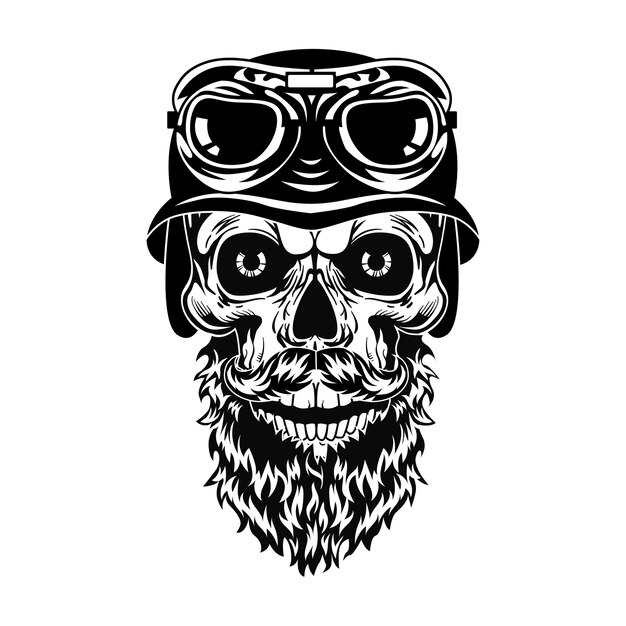 Monochroom bebaarde schedel van hipster vectorillustratie. Retro dood hoofd in helm met bril