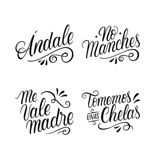 Gratis vector monochroom belettering spaanse woorden en zinnen stickers collectie