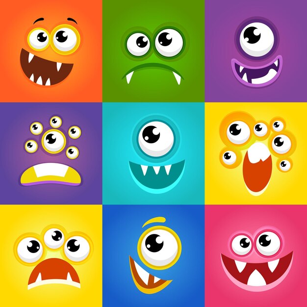Monster-uitdrukkingen. Grappige cartoon monster gezichten vector. Emotie monster vlakke afbeelding