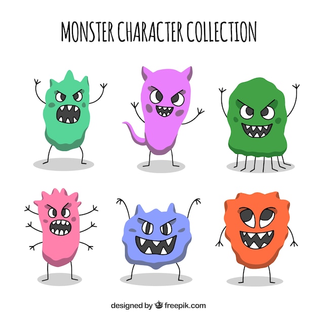 Gratis vector monsters karakterverzameling met grappige gezichten