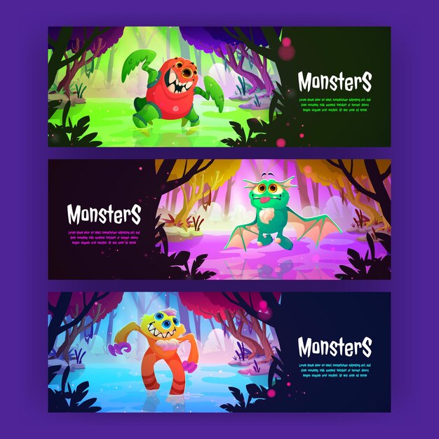 Monsters posters met schattige buitenaardse dieren in bos moeras Vector horizontale banner met cartoon fantasie illustratie van magische bossen landschap en fantastische wezens