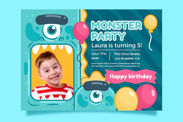 Monsters verjaardag uitnodiging sjabloon met foto