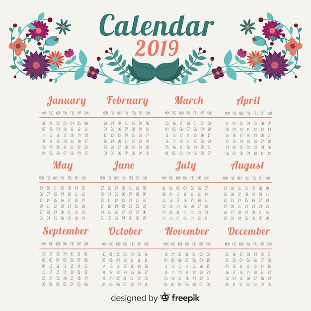 Mooi 2019 kalendersjabloon met bloemenstijl