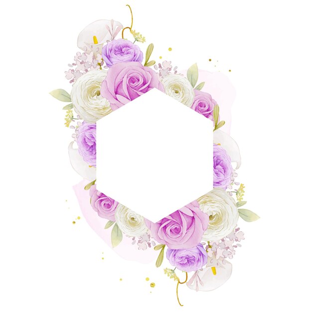 Mooi bloemenframe met aquarel paarse rozenlelie en ranonkelbloem