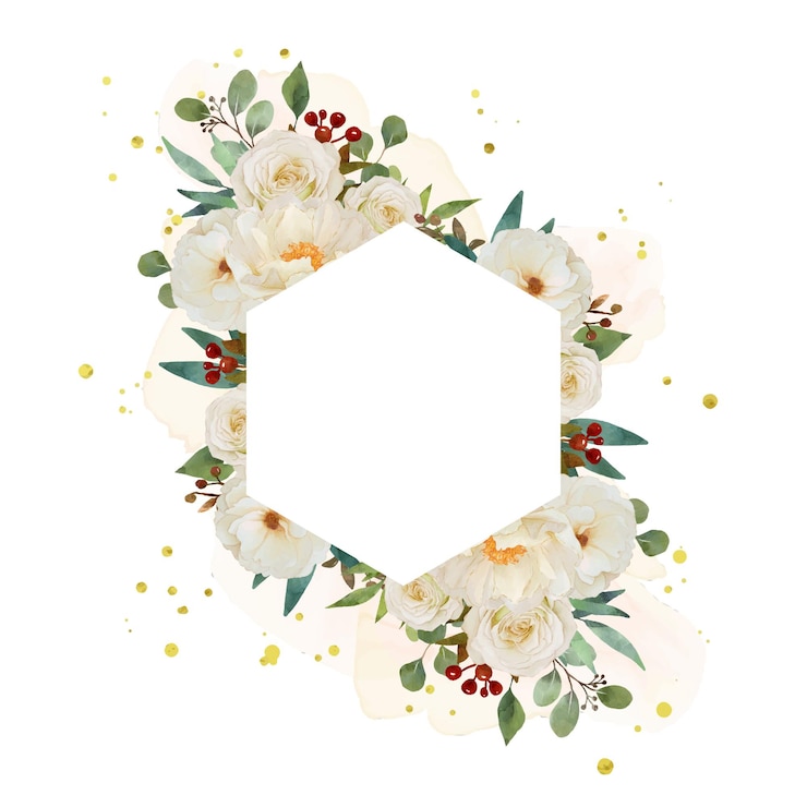 Gratis Vector mooi bloemenkader met waterverf witte roos en pioenroos bloem