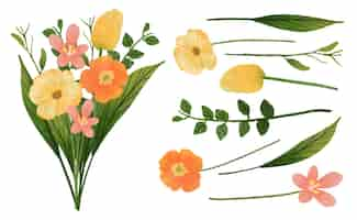 Gratis vector mooi boeket bloemen en vertrek ter decoratie in aquarelstijl