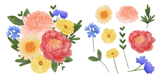 Gratis vector mooi boeket bloemen en vertrek ter decoratie in aquarelstijl