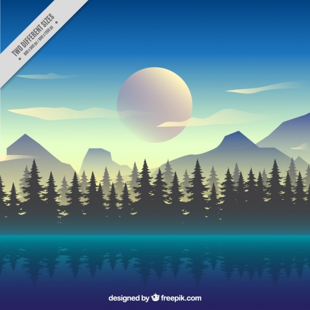 Gratis vector mooi bos landschap achtergrond met een meer in realistische stijl