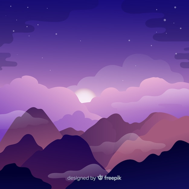 Gratis vector mooi landschap met paarse lucht