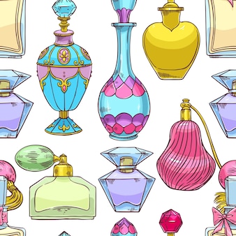 Mooi naadloos patroon van een verscheidenheid aan kleurrijke parfumflesjes voor dames. handgetekende illustratie