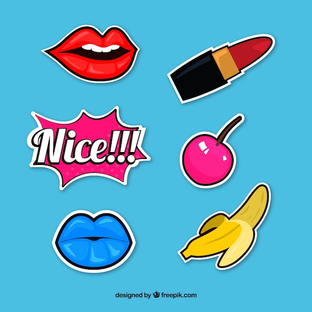 Gratis vector mooi pakket stickers met pop-artstijl